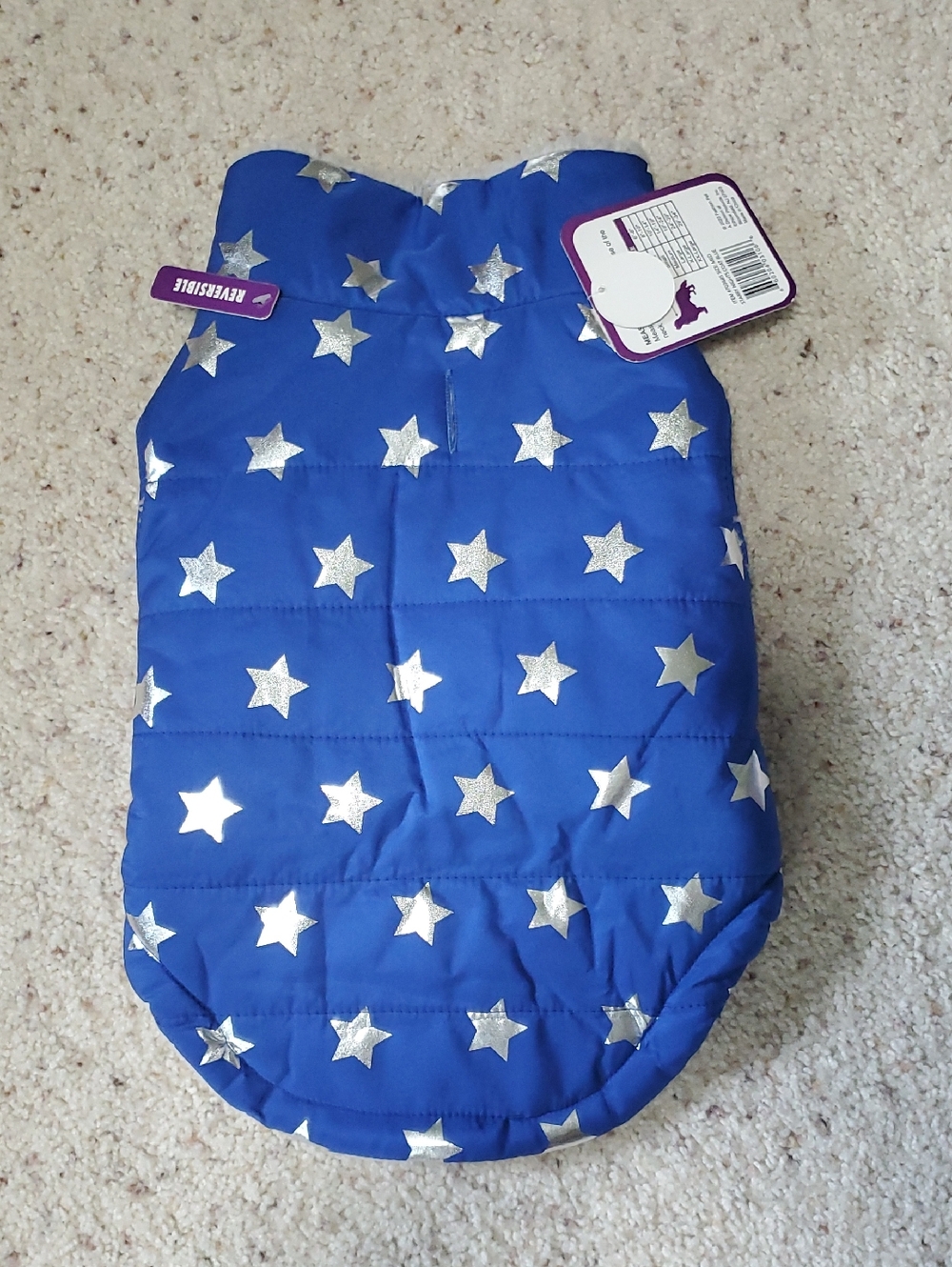 Star Print Blue Puffer Dog Vest with Silver Stars